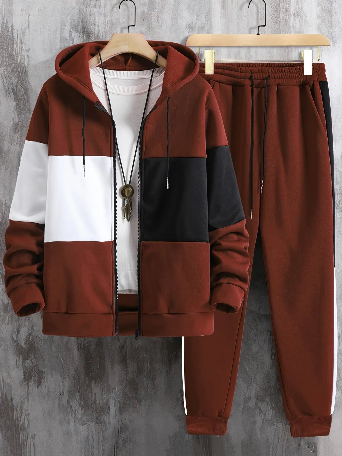 2-Piece Color Block Long Sleeve Zip Up Hooded Jacket and Drawstring Pants Set - Sweatsuits for Outdoor Enthusiasts - Water Resistant, Breathable, and Comfortable Classicenvision