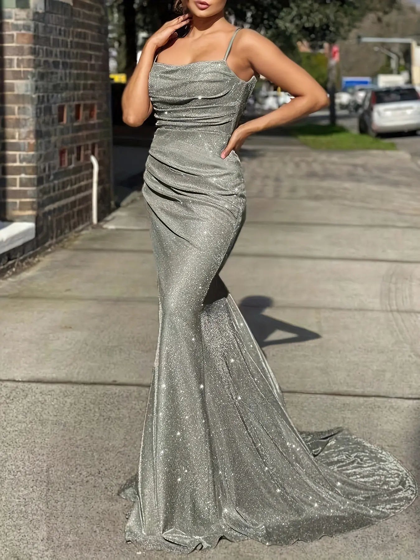 Elegant Glitter Sequin Slip Sleeveless Backless Maxi Dress, Ruffled Mermaid Cocktail Party Guest Evening Gown for Women Classicenvision