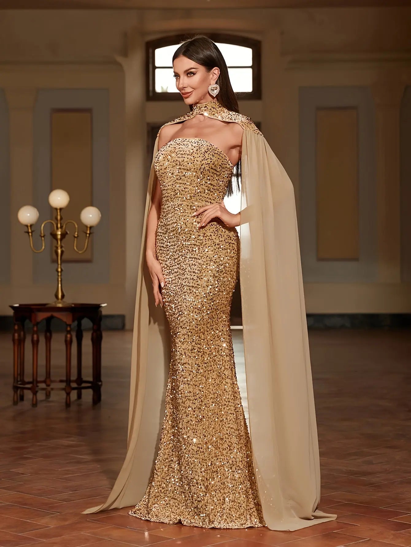 Sparkling Sequin Tube Dress, Elegant Strapless Mermaid Hem Cape Sleeve Floor Length Dress For Party & Banquet, Women's Clothing Classicenvision