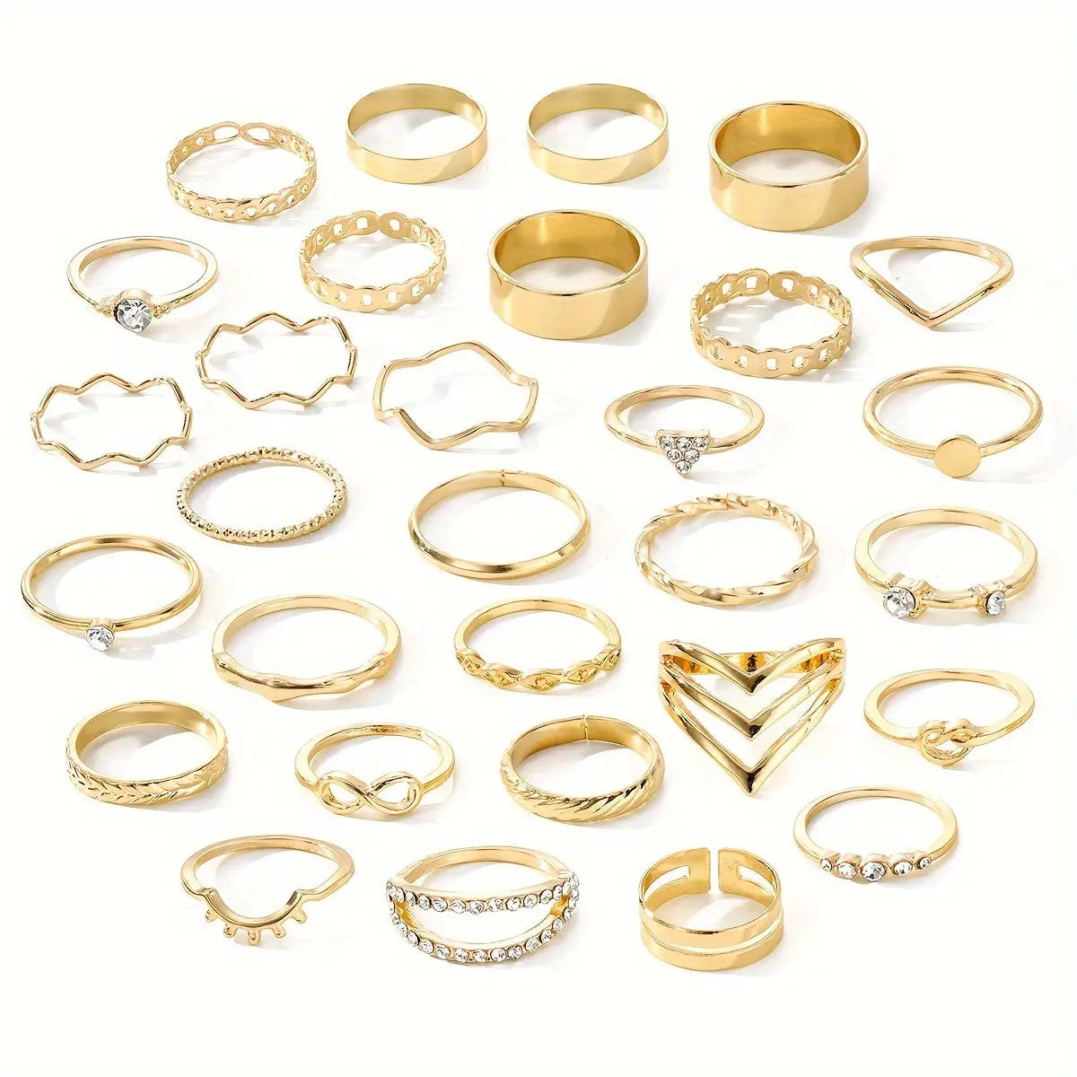 30 piece retro elegant wide version shiny zirconia 8-shaped metal women's layered ring set, suitable for daily party wear, fashionable and trendy jewelry Classicenvision