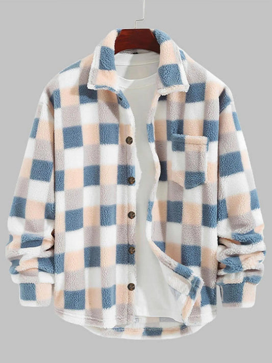 Classic Checked Fluffy Faux Fur Single Pocket Button Lapel Coat For Men Classicenvision