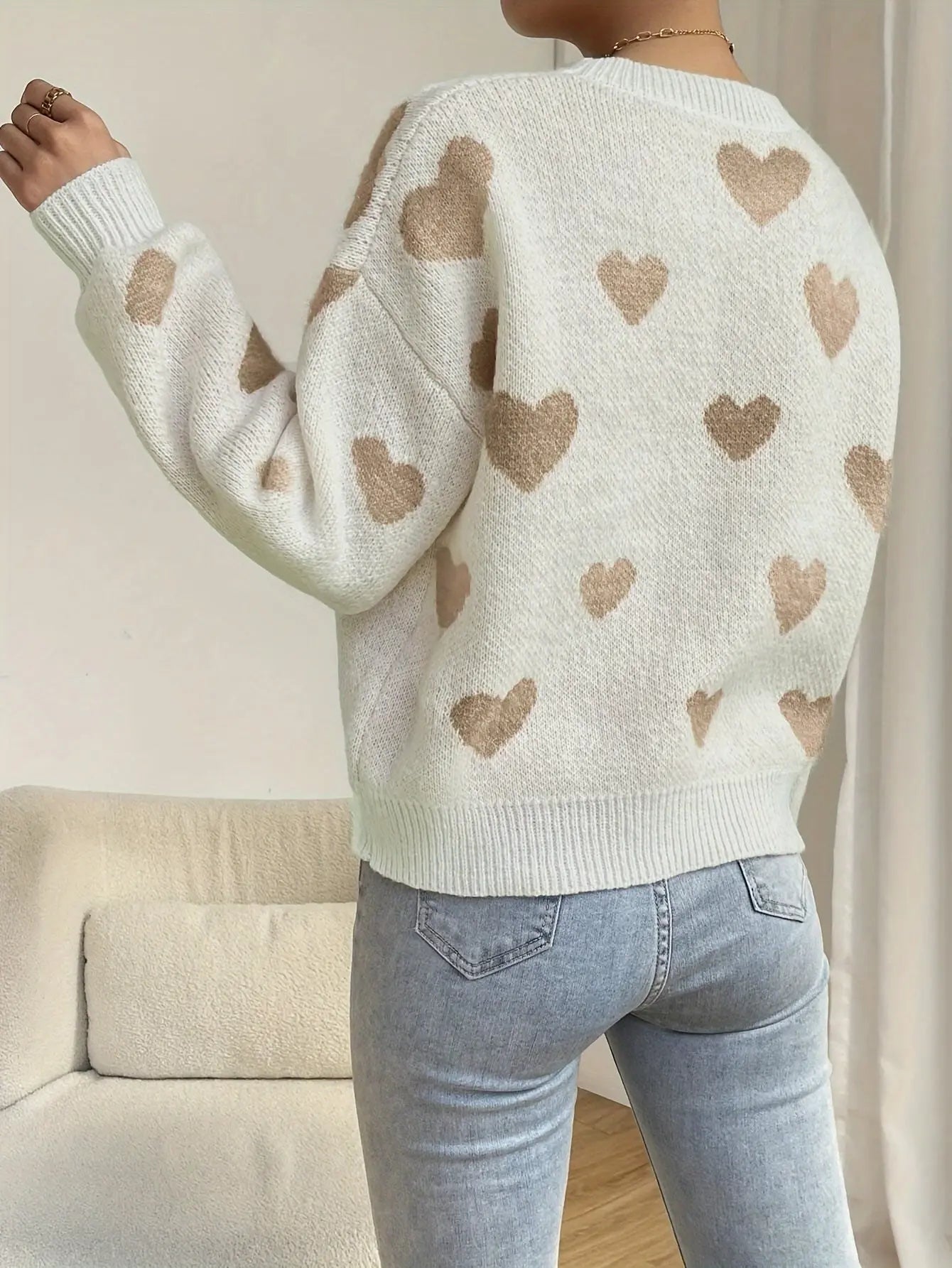 Cozy Heart Pattern Crew Neck Sweater - Women's Clothing - Elegant Drop Shoulder Long Sleeve Sweater for Fall and Winter, Soft and Warm Knitwear for Ladies, Perfect for Casual Daily Wear and Holiday Gifts Classicenvision