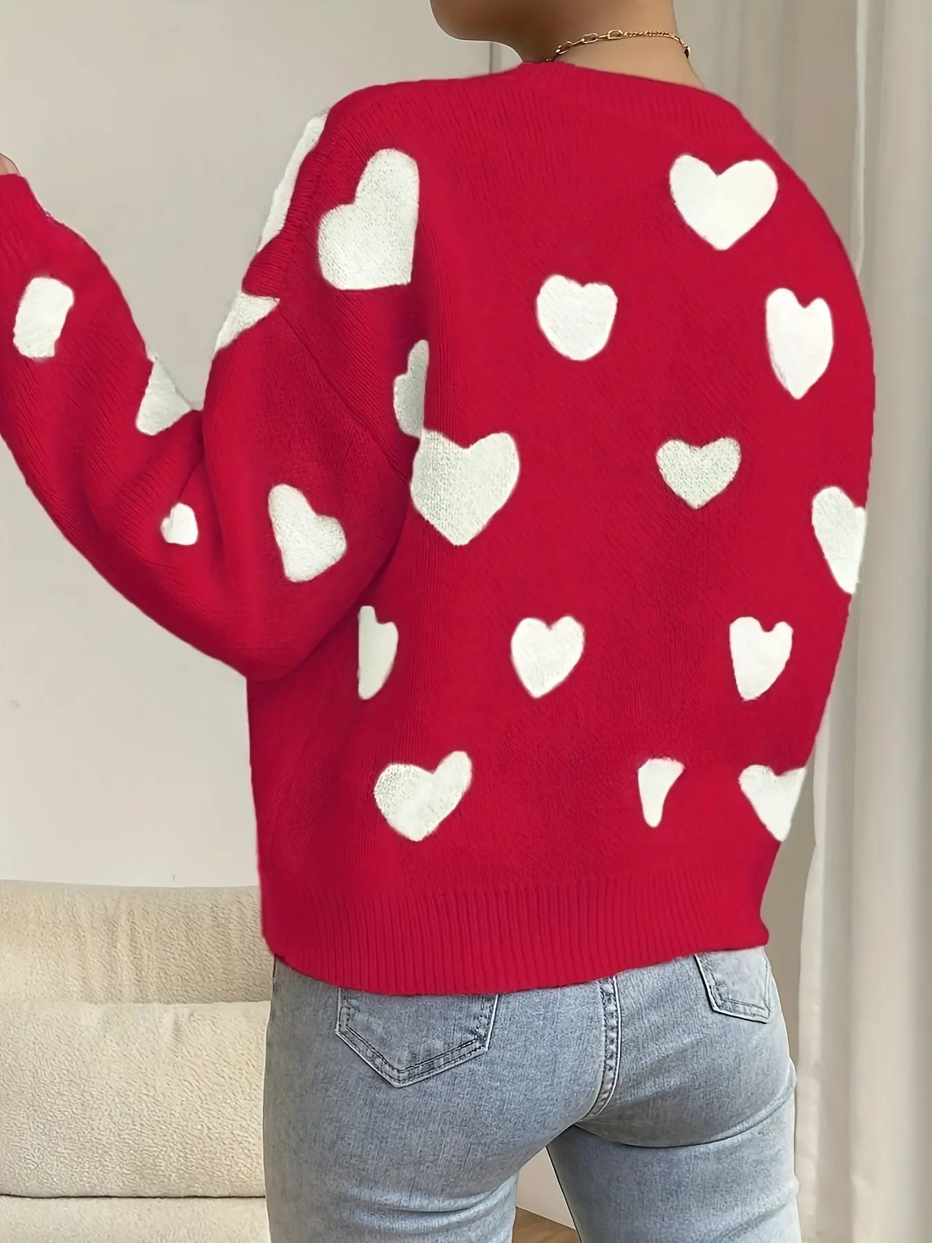 Cozy Heart Pattern Crew Neck Sweater - Women's Clothing - Elegant Drop Shoulder Long Sleeve Sweater for Fall and Winter, Soft and Warm Knitwear for Ladies, Perfect for Casual Daily Wear and Holiday Gifts Classicenvision