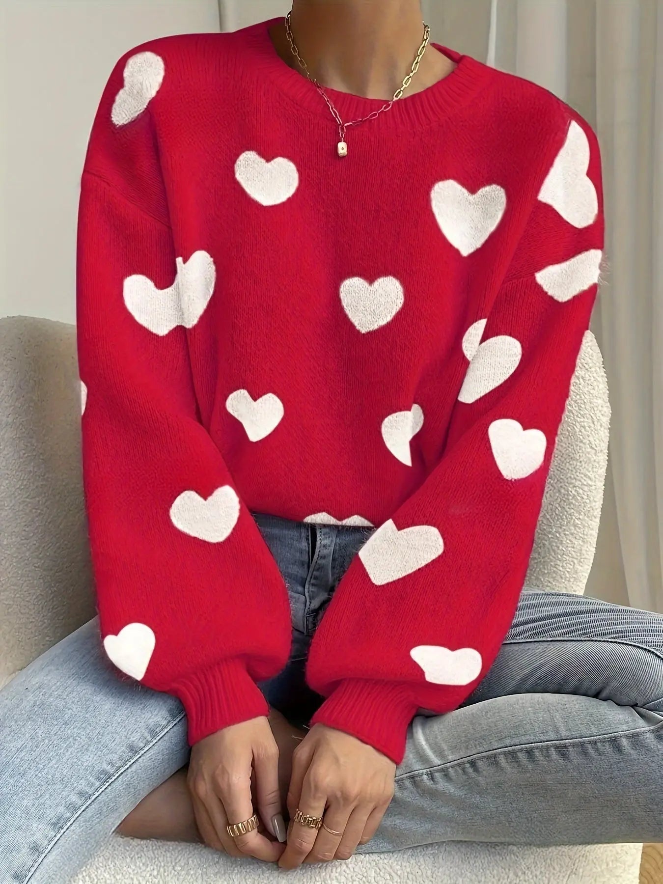 Cozy Heart Pattern Crew Neck Sweater - Women's Clothing - Elegant Drop Shoulder Long Sleeve Sweater for Fall and Winter, Soft and Warm Knitwear for Ladies, Perfect for Casual Daily Wear and Holiday Gifts Classicenvision