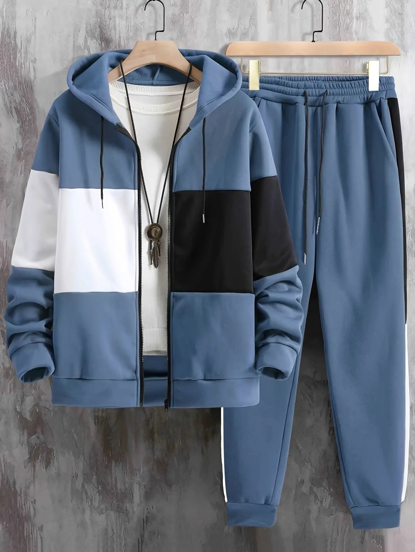 2-Piece Color Block Long Sleeve Zip Up Hooded Jacket and Drawstring Pants Set - Sweatsuits for Outdoor Enthusiasts - Water Resistant, Breathable, and Comfortable Classicenvision