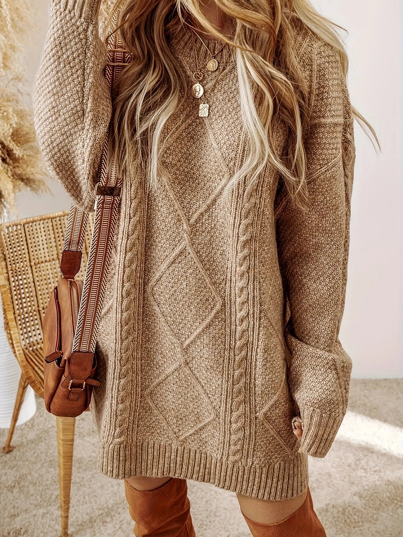 Cable Knit Drop Shoulder Loose Fit Sweater Dress Classicenvision