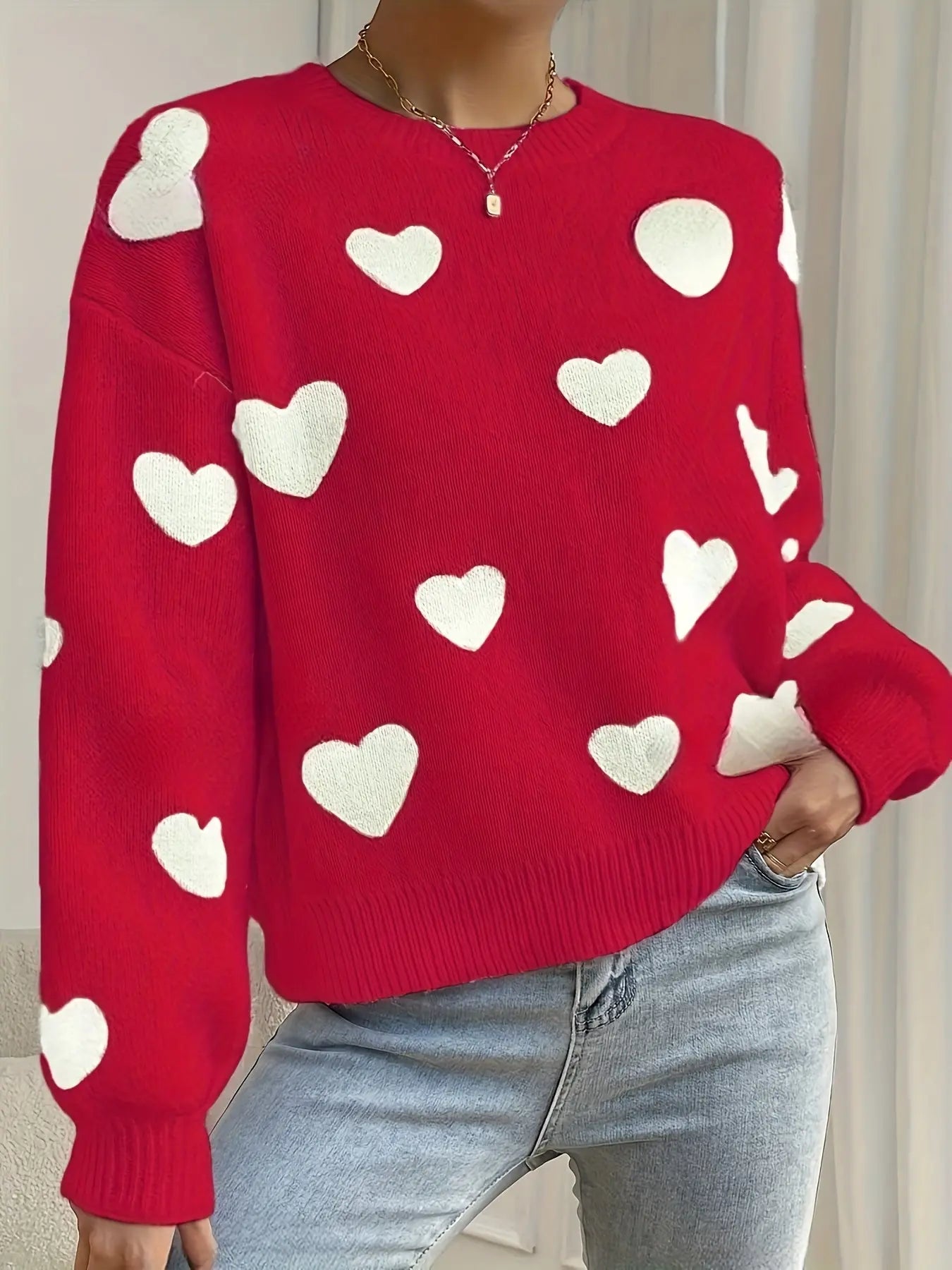 Cozy Heart Pattern Crew Neck Sweater - Women's Clothing - Elegant Drop Shoulder Long Sleeve Sweater for Fall and Winter, Soft and Warm Knitwear for Ladies, Perfect for Casual Daily Wear and Holiday Gifts Classicenvision