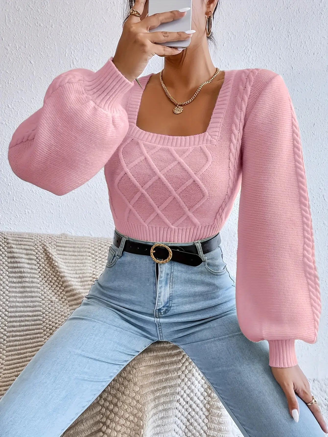 Cozy Cable Knit Square Neck Sweater - Pullovers - Soft, Casual Long Sleeve Pullover Sweater for Fall & Winter, Women's Clothing, Perfect for Daily Wear, Outdoor Activities, and Gift Ideas Classicenvision