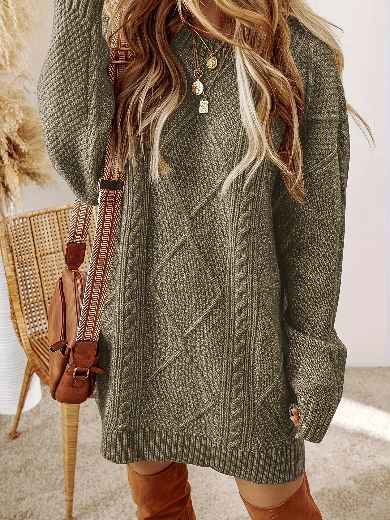 Cable Knit Drop Shoulder Loose Fit Sweater Dress Classicenvision