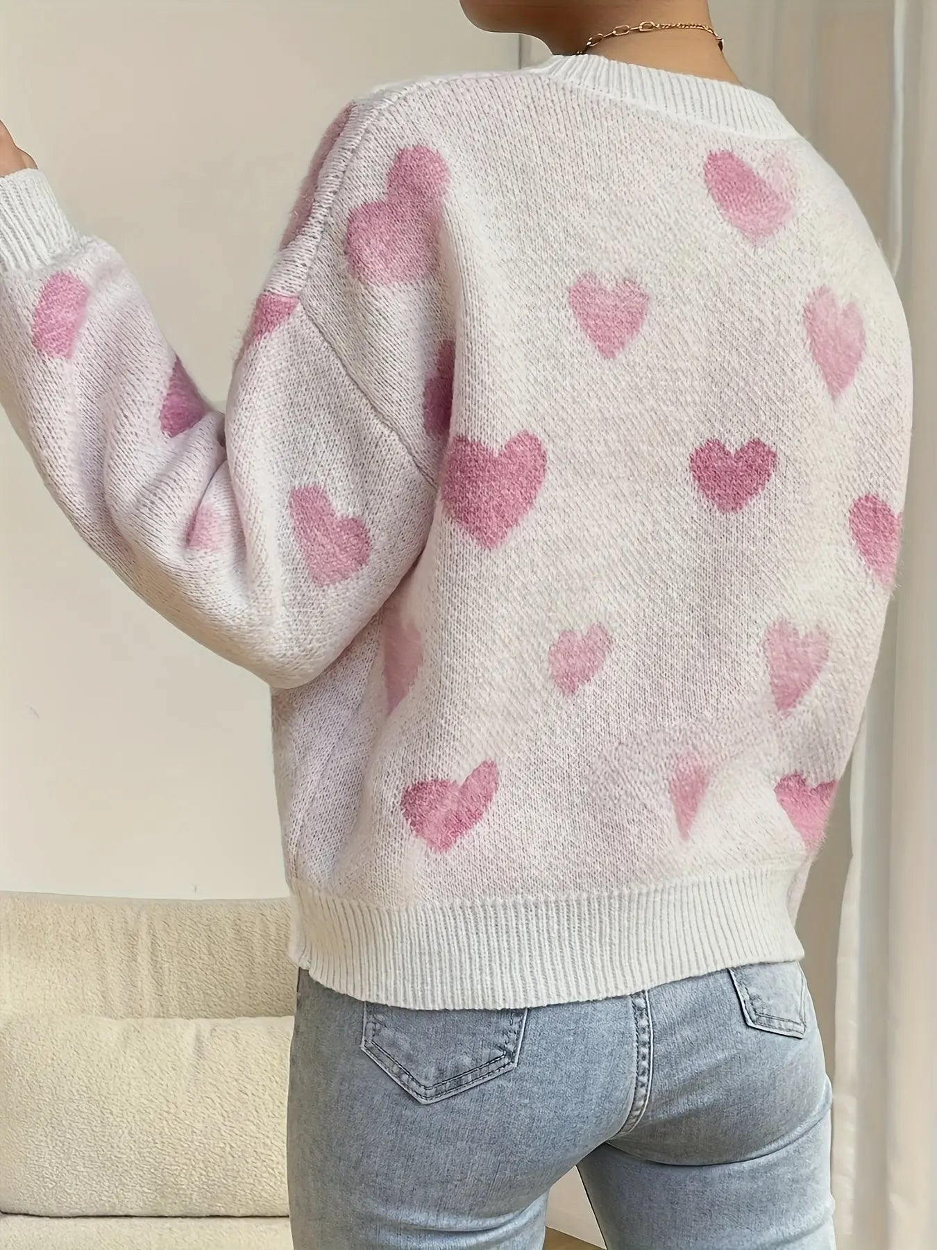 Cozy Heart Pattern Crew Neck Sweater - Women's Clothing - Elegant Drop Shoulder Long Sleeve Sweater for Fall and Winter, Soft and Warm Knitwear for Ladies, Perfect for Casual Daily Wear and Holiday Gifts Classicenvision