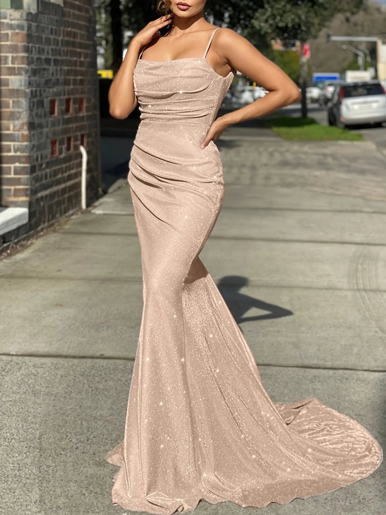 Elegant Glitter Sequin Slip Sleeveless Backless Maxi Dress, Ruffled Mermaid Cocktail Party Guest Evening Gown for Women Classicenvision