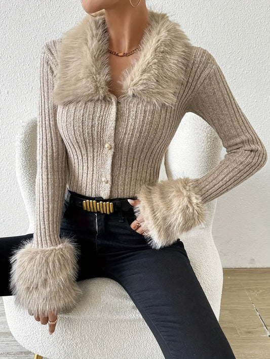 Luxurious Faux Fur Cardigan with Stylish Lapel - Snug Button Front & Premium Knit for Cozy Warmth - All-Season Womens Outwear for Fall & Winter Classicenvision