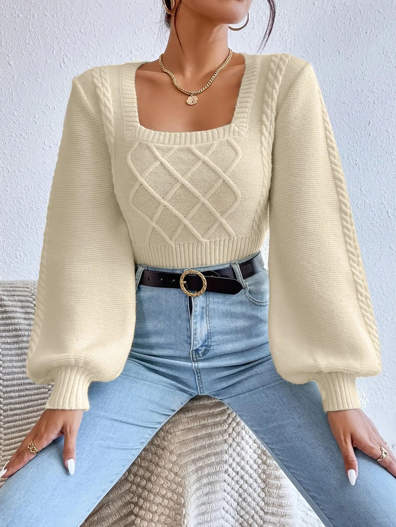 Cozy Cable Knit Square Neck Sweater - Pullovers - Soft, Casual Long Sleeve Pullover Sweater for Fall & Winter, Women's Clothing, Perfect for Daily Wear, Outdoor Activities, and Gift Ideas Classicenvision