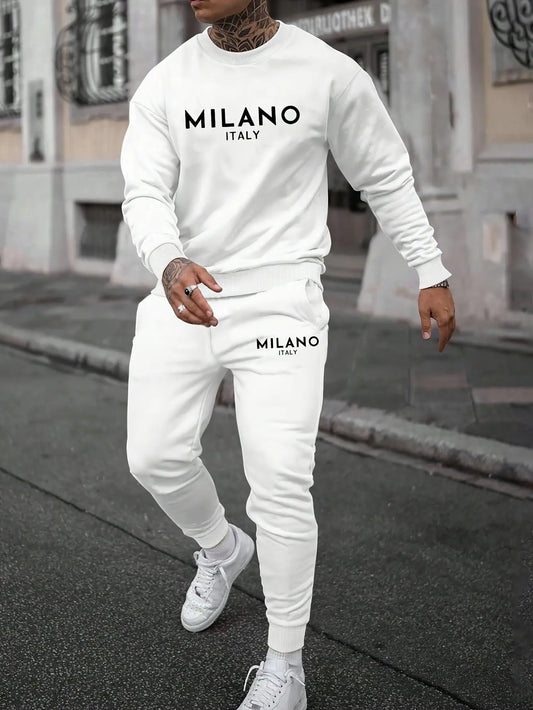 MILANO ITALY Print Men's 2pcs Stylish Outfits, Comfortable Sweatshirt & Versatile Sweatpants Set, Meticulously Crafted For Everyday Wear, Best Fall And Winter Choice Classicenvision