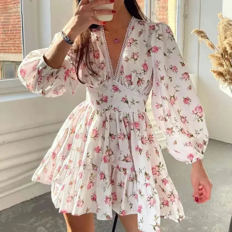 Women Floral Print Mini Dress High Waist A-Line Summer Autumn Long Sleeve V Neck Dresses Vintage Beach Vacation Casual Vestidos Classicenvision