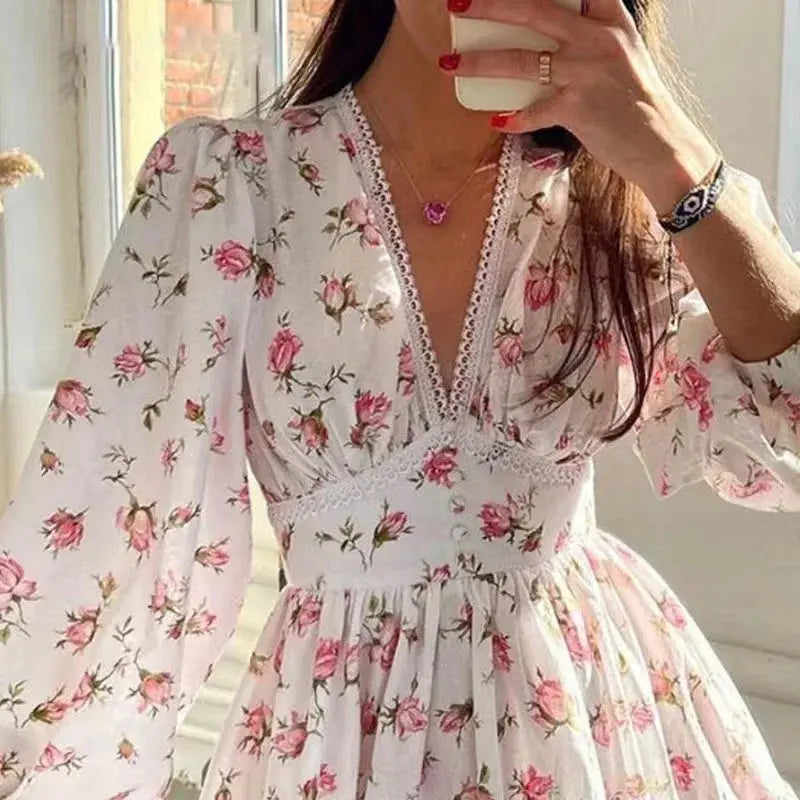 Women Floral Print Mini Dress High Waist A-Line Summer Autumn Long Sleeve V Neck Dresses Vintage Beach Vacation Casual Vestidos Classicenvision