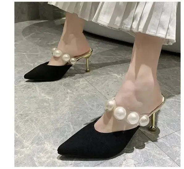 Pearl Black Sandals Women Summer Autumn Shoes Woman Thin Heels 2020 Womens Outdoor High Heels Woman mules Classicenvision