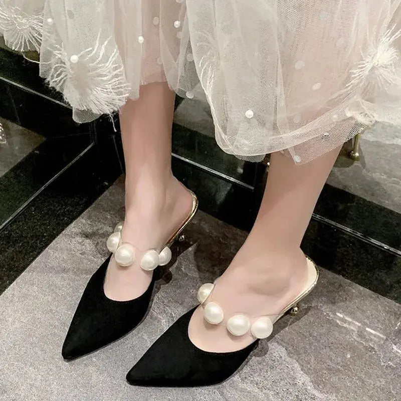 Pearl Black Sandals Women Summer Autumn Shoes Woman Thin Heels 2020 Womens Outdoor High Heels Woman mules Classicenvision