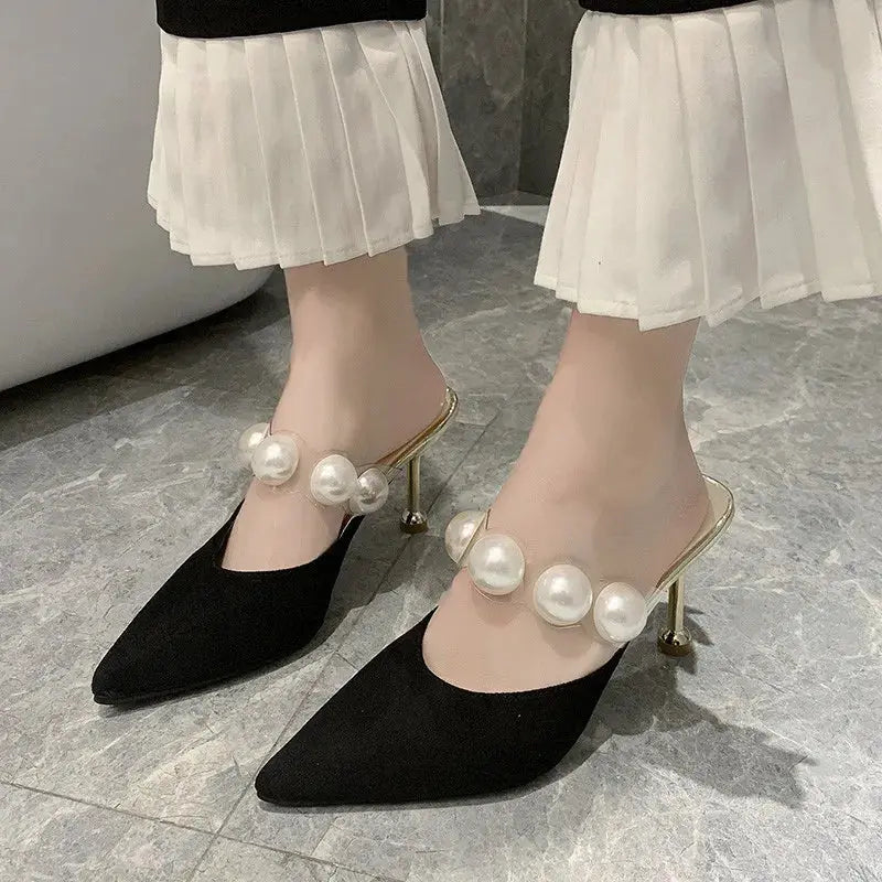 Pearl Black Sandals Women Summer Autumn Shoes Woman Thin Heels 2020 Womens Outdoor High Heels Woman mules Classicenvision