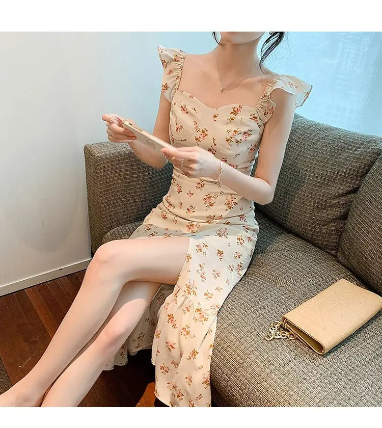 French style Hot selling Women's dress Elegant temperament Floral Skirt suspender dress  Side Split  slim Female tops Gentle Classicenvision