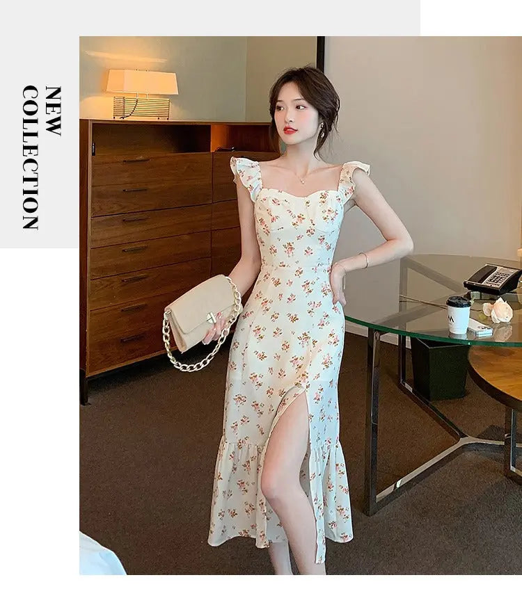 French style Hot selling Women's dress Elegant temperament Floral Skirt suspender dress  Side Split  slim Female tops Gentle Classicenvision