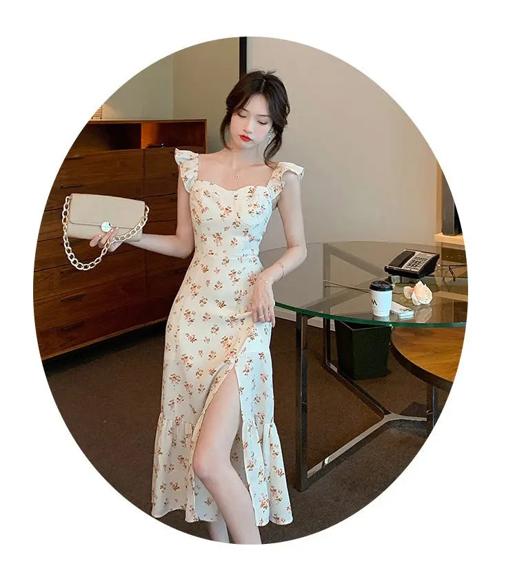 French style Hot selling Women's dress Elegant temperament Floral Skirt suspender dress  Side Split  slim Female tops Gentle Classicenvision