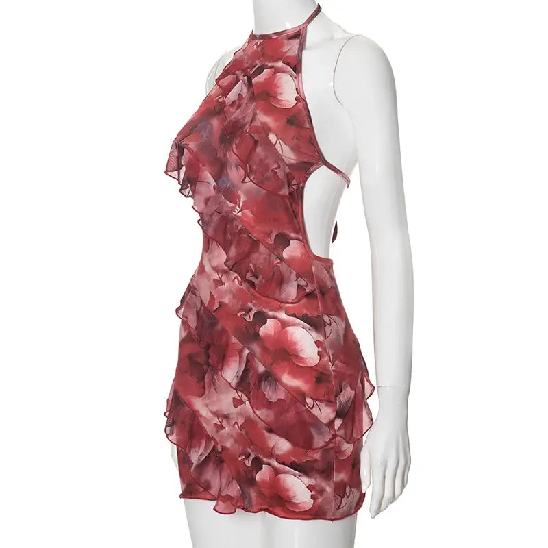 CUTENOVA Floral Printing Ruffles Mini Dress Women Sexy Halter Backless Body-Shaping Vacation Dresses 2024 Summer Holiday Beach Classicenvision