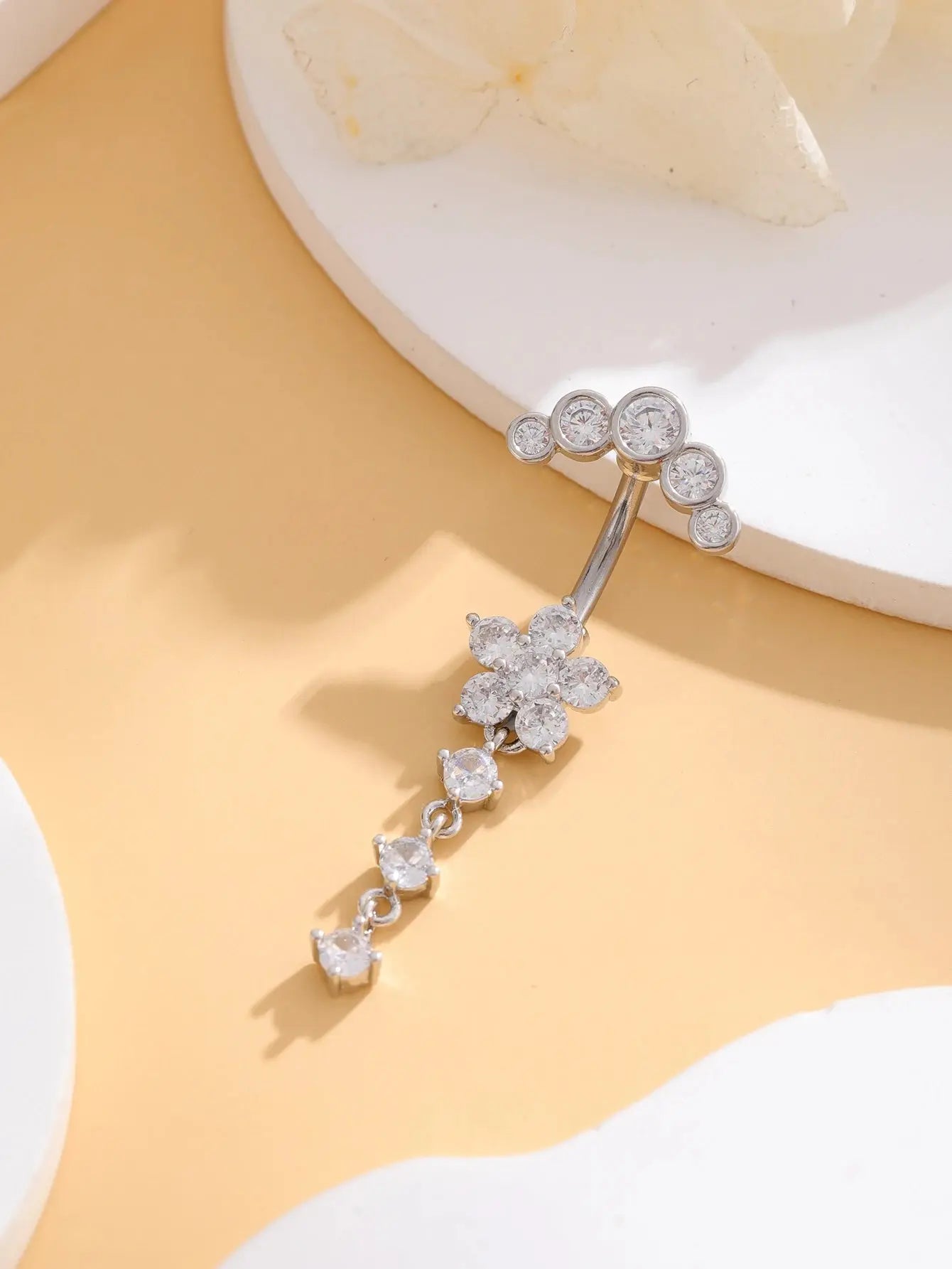 Gold Color Stainless Steel Belly Button Ring Long Dangled Flower CZ Crystal Navel Belly Piercing Rings for Women Sexy Jewelry Classicenvision