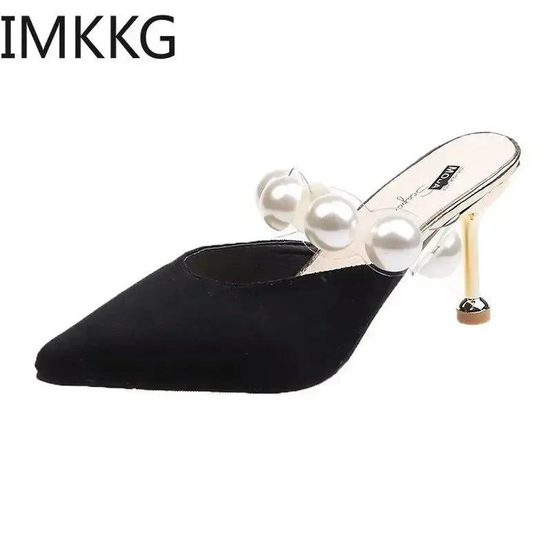 Pearl Black Sandals Women Summer Autumn Shoes Woman Thin Heels 2020 Womens Outdoor High Heels Woman mules Classicenvision