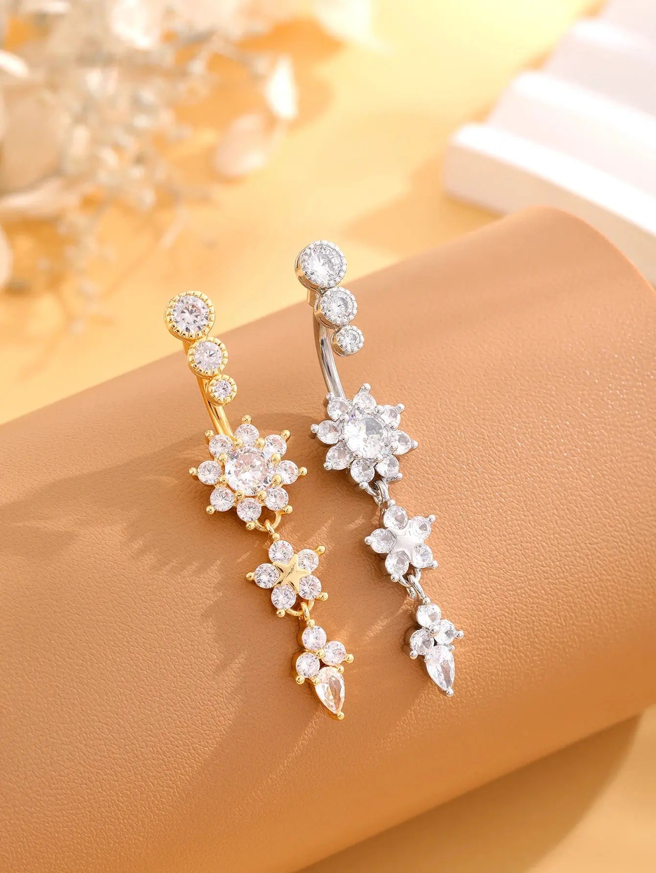 Gold Color Stainless Steel Belly Button Ring Long Dangled Flower CZ Crystal Navel Belly Piercing Rings for Women Sexy Jewelry Classicenvision