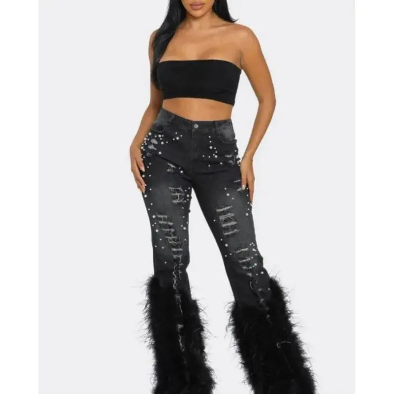 Feathers and Pearls Denim Pants - Classicenvision