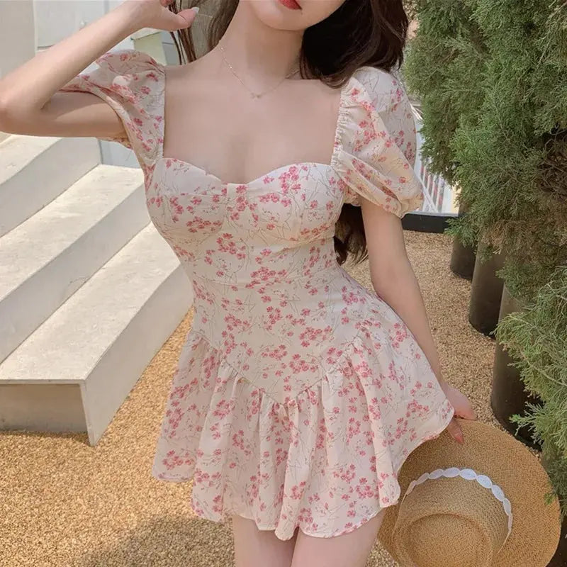 Women's Floral Dress French Style Ruffled Puff Sleeve Square Neck High Waist Casual Summer Short Chiffon Dress Classicenvision