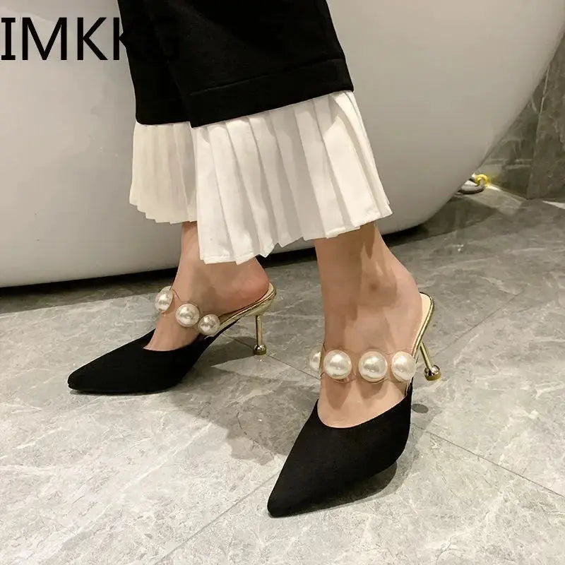 Pearl Black Sandals Women Summer Autumn Shoes Woman Thin Heels 2020 Womens Outdoor High Heels Woman mules Classicenvision