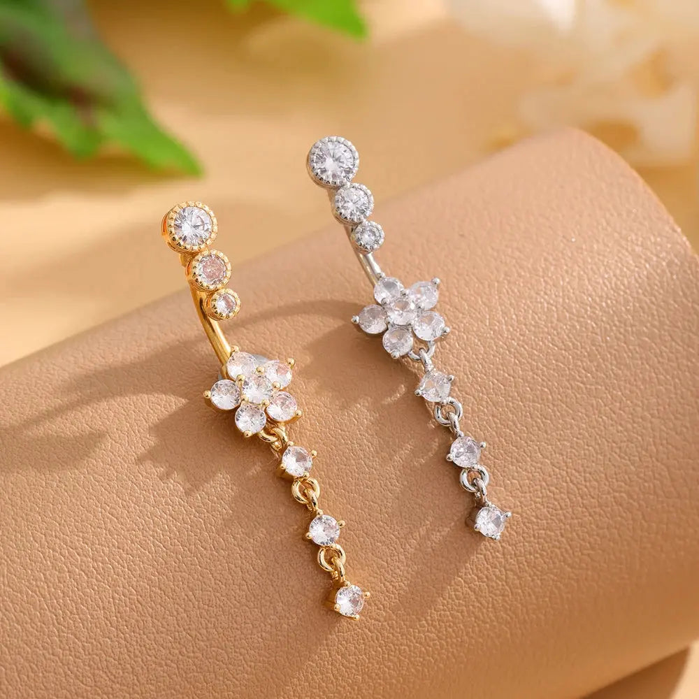 Gold Color Stainless Steel Belly Button Ring Long Dangled Flower CZ Crystal Navel Belly Piercing Rings for Women Sexy Jewelry Classicenvision