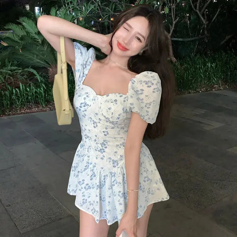 Women's Floral Dress French Style Ruffled Puff Sleeve Square Neck High Waist Casual Summer Short Chiffon Dress Classicenvision