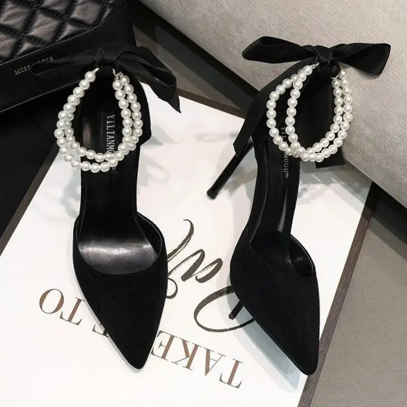 Black Women's Pumps 2024 Summer New Brand Design String Bead Pearls Wedding Bridal High Heels Sexy Pointed Toe Party Dance Shoes Classicenvision