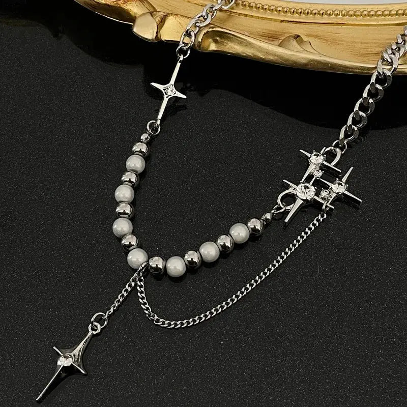 Kpop Zircon Cross Star Beaded Necklace Men Imitation Pearl Star Pendant Necklaces Y2K Hiphop Star Tassel Choker Necklace Unisex Classicenvision