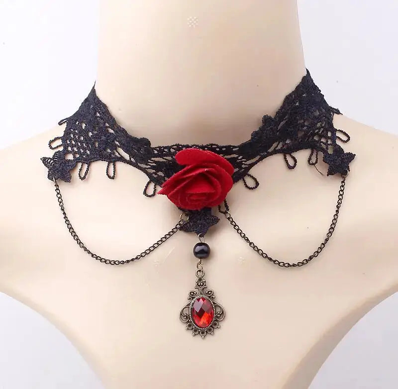 NEW Gothic Victorian Black Water Drop Pendant Lace Necklace Women Girl Tassel Steampunk Style Halloween Jewelry Earings for Girl Classicenvision