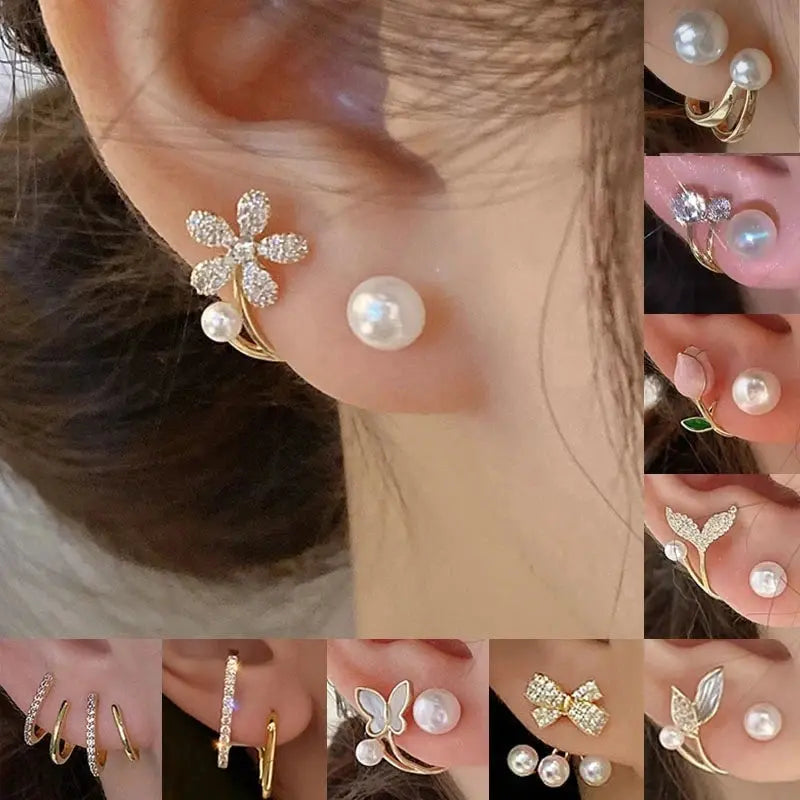 Korean Vintage Pearl Crystal Earrings For Women Jewelry High-class Luxury Zircon Flower Butterfly Leaf Women's Stud Earrings Classicenvision