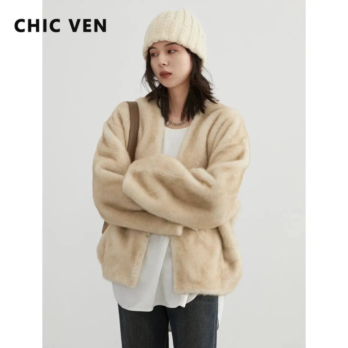 CHIC VEN Women's Jacket Loose Casual Solid Overcoat New Female Plush Coat V-neck Woman Outerwear Autumn Winter 2023 Classicenvision