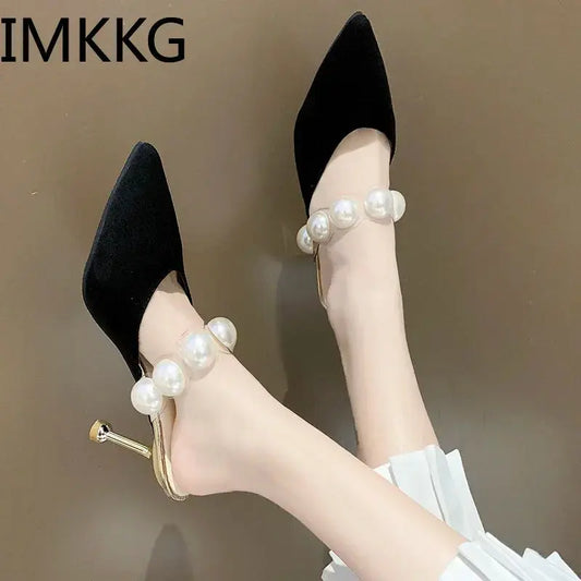 Pearl Black Sandals Women Summer Autumn Shoes Woman Thin Heels 2020 Womens Outdoor High Heels Woman mules Classicenvision