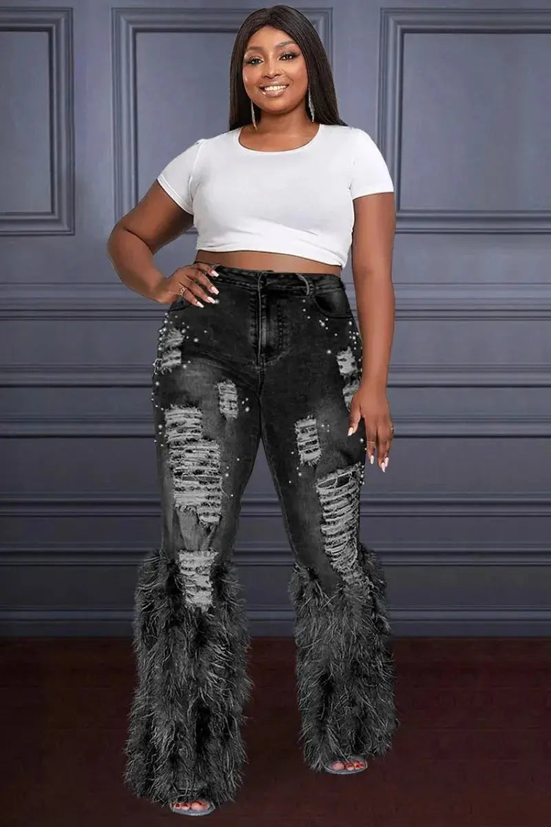 Feathers and Pearls Denim Pants - Classicenvision