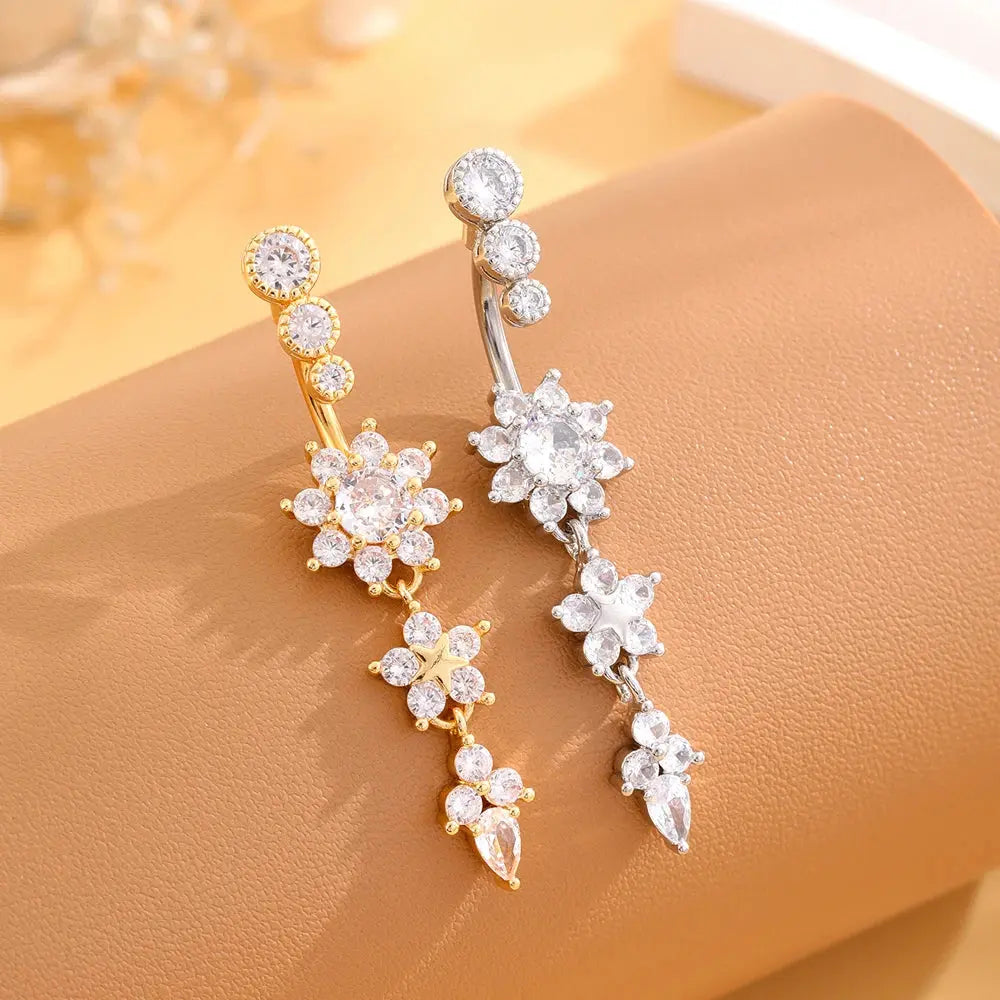 Gold Color Stainless Steel Belly Button Ring Long Dangled Flower CZ Crystal Navel Belly Piercing Rings for Women Sexy Jewelry Classicenvision