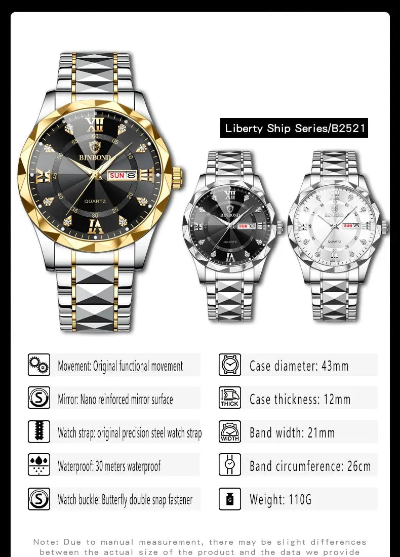 BINBOND Top Brand Luxury Fashion Quartz Watch Men Waterproof Week Date Clock Stainless Steel Sport Watch Men Quartz Wristwatch Classicenvision