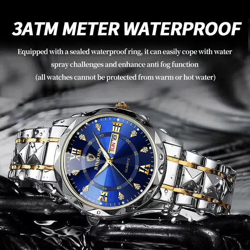 BINBOND Top Brand Luxury Fashion Quartz Watch Men Waterproof Week Date Clock Stainless Steel Sport Watch Men Quartz Wristwatch Classicenvision