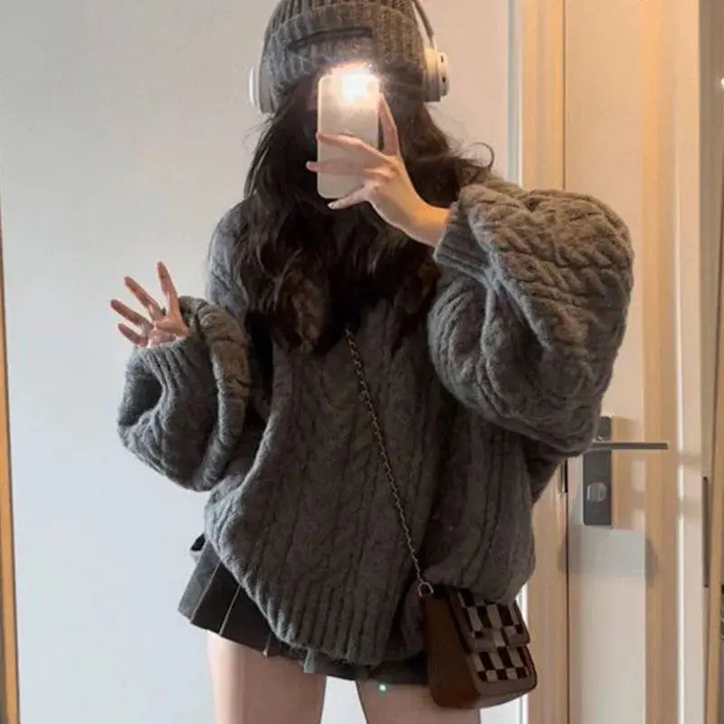 Autumn Winter Women Sweater Harajuku Oversized Knitted Pullovers Korean Long Sleeve V Neck Knitwear Preppy Solid Loose Jumper Classicenvision