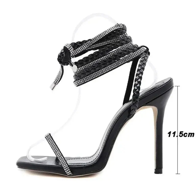 2024 Summer Woman Shoes High Heels Sexy Leather Gladiator Sandals Fashion Black Ankle Strap Crystal Open Toe Shoes Classicenvision