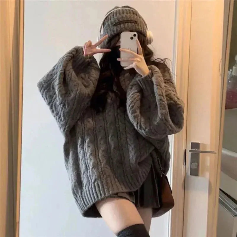 Autumn Winter Women Sweater Harajuku Oversized Knitted Pullovers Korean Long Sleeve V Neck Knitwear Preppy Solid Loose Jumper Classicenvision