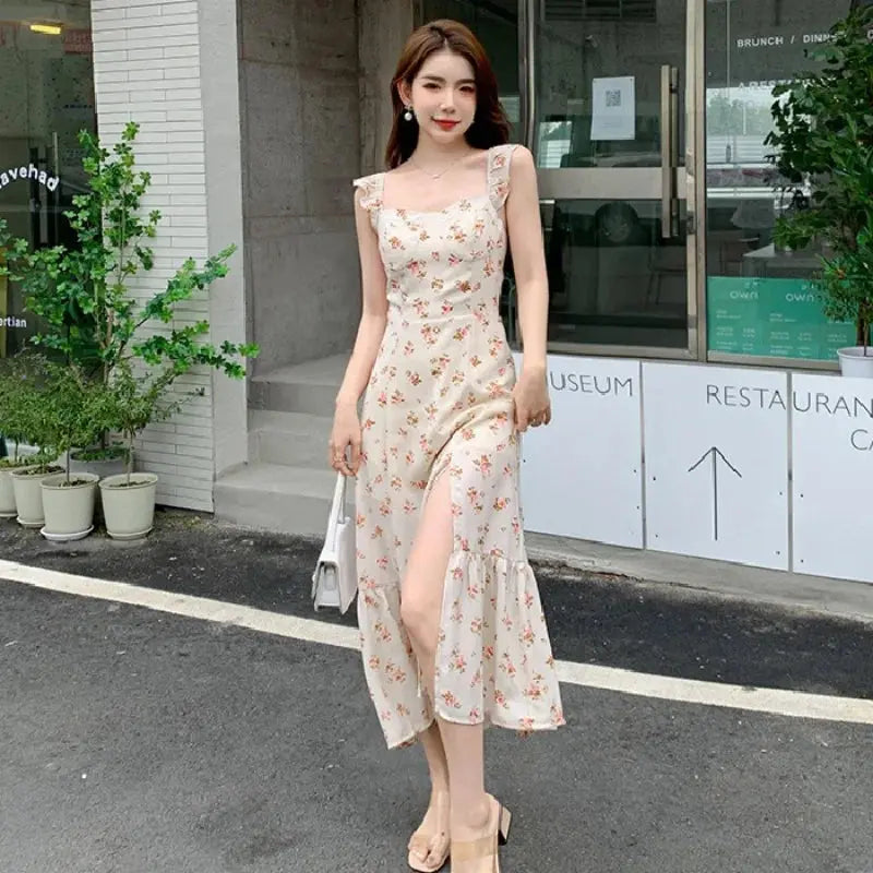 French style Hot selling Women's dress Elegant temperament Floral Skirt suspender dress  Side Split  slim Female tops Gentle Classicenvision