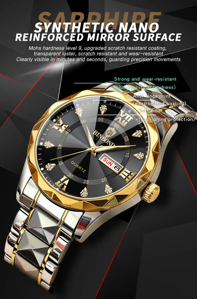 BINBOND Top Brand Luxury Fashion Quartz Watch Men Waterproof Week Date Clock Stainless Steel Sport Watch Men Quartz Wristwatch Classicenvision